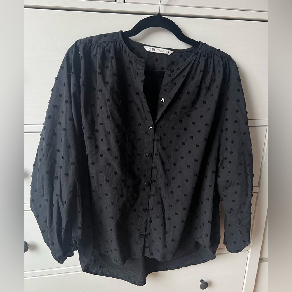 Zara Black Balloon Sleeve Polka Dot Button-Up Top